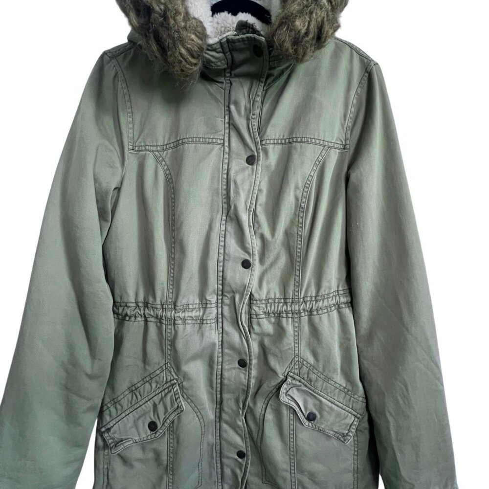 Hollister Faux Fur Hood‎ Parka Coat Womens Sz L Olive Green Cozycore Winter